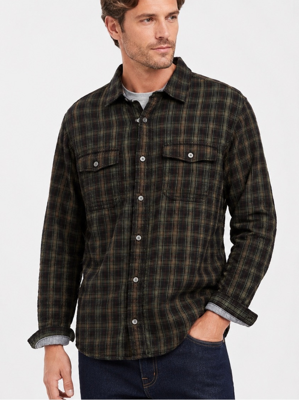 Carbon2Cobalt Men’s M Plaid Cotton Button Down Shirt Double Pocket